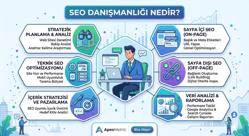SEO danışmanlığı nedir infografiği - ApexMetric teknik SEO, içerik pazarlaması ve stratejik analiz yol haritası.